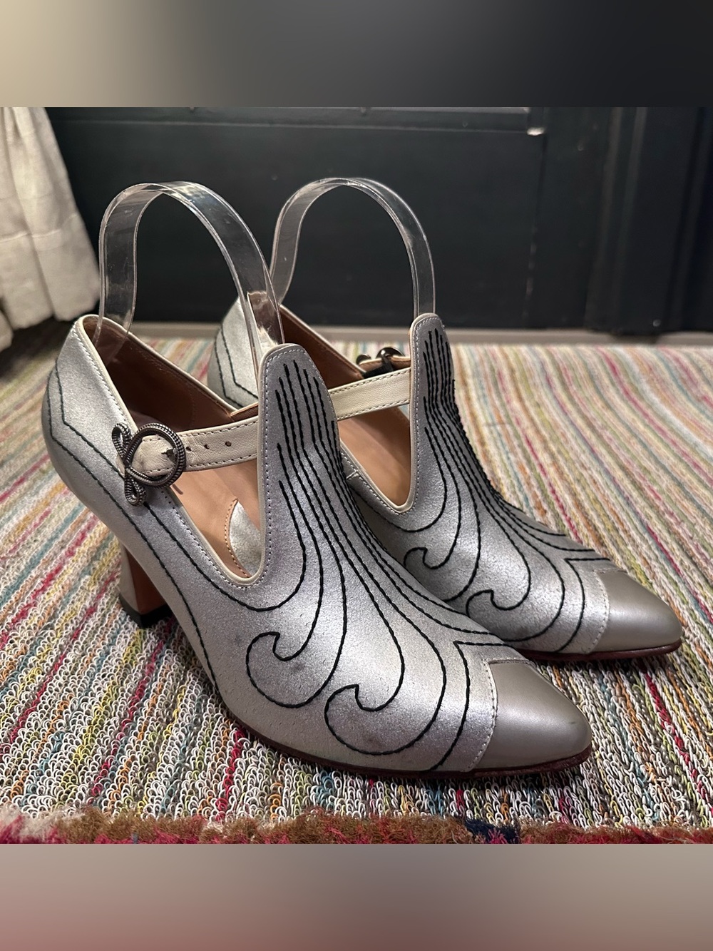 Fluevog EXCELLENT Poser Somani Ltd Ed silver metallic retro T-strap heel- 7.5
